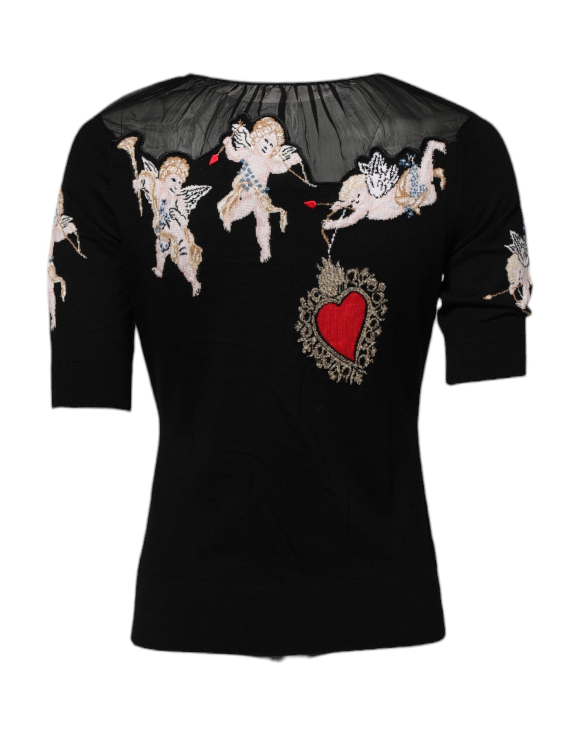 Dolce & Gabbana Black Sacred Heart Embroidered Crewneck Top Dolce & Gabbana