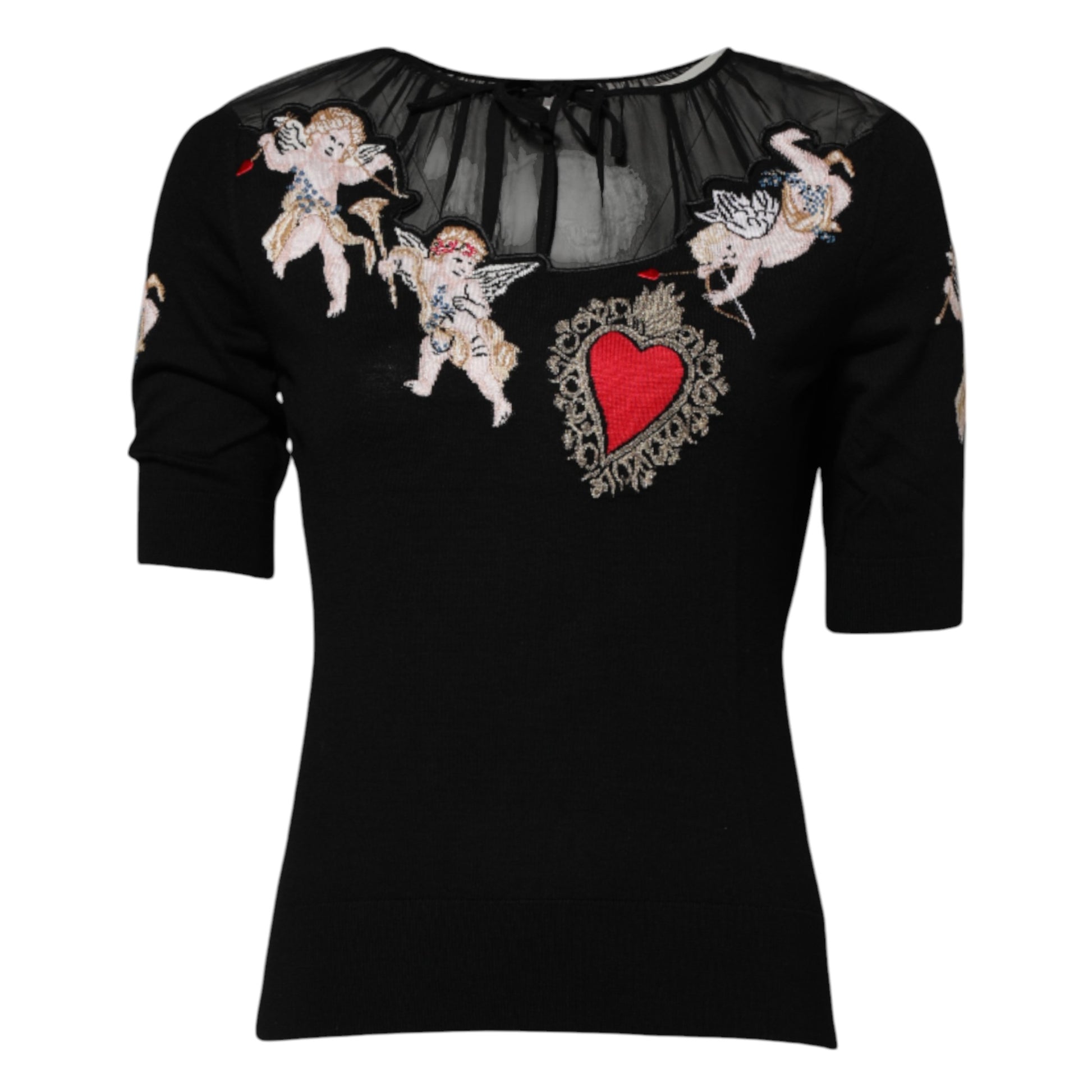 Dolce & Gabbana Black Sacred Heart Embroidered Crewneck Top Dolce & Gabbana