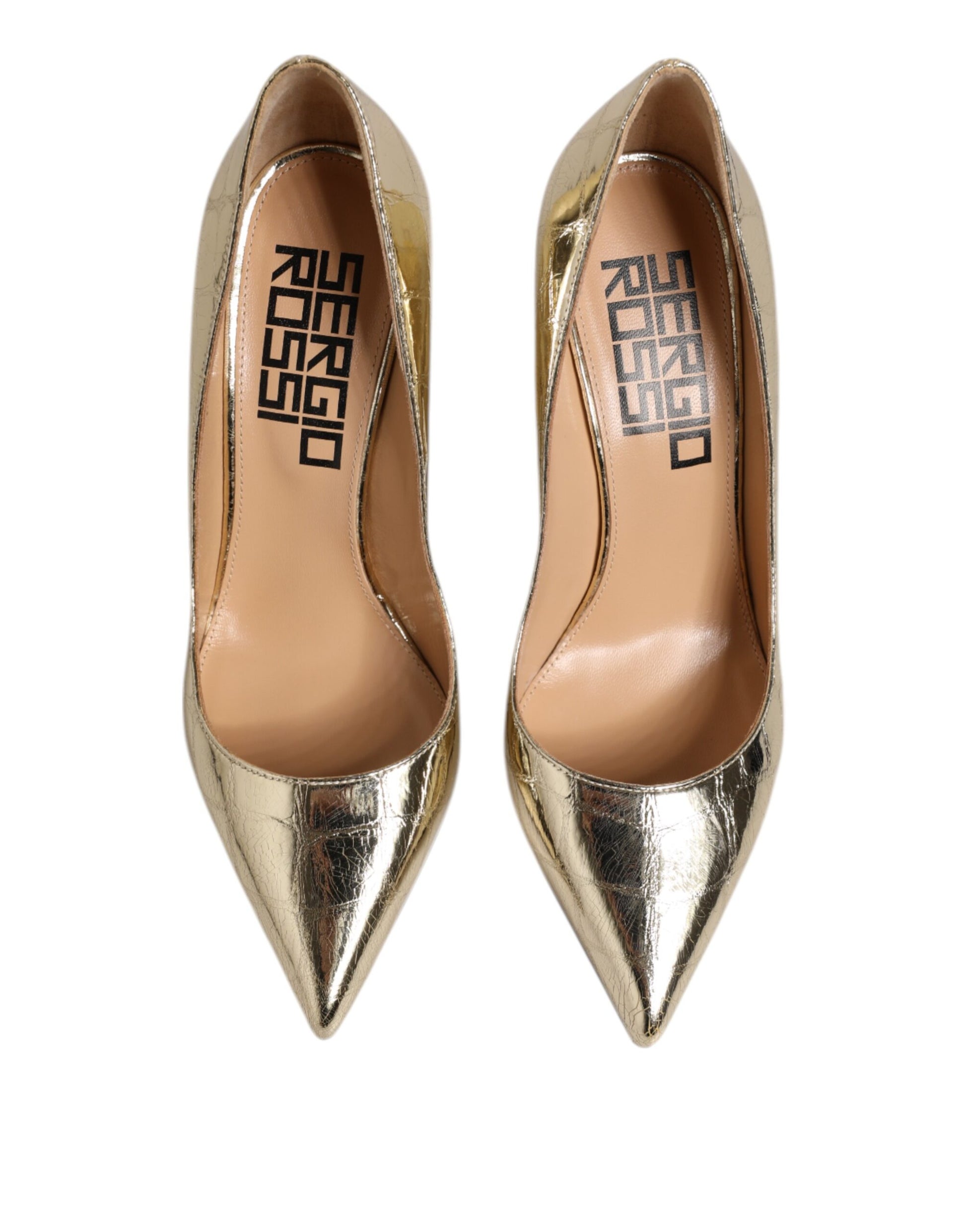 Sergio Rossi Gold Leather Pointed Toe Block Heels Shoes Sergio Rossi