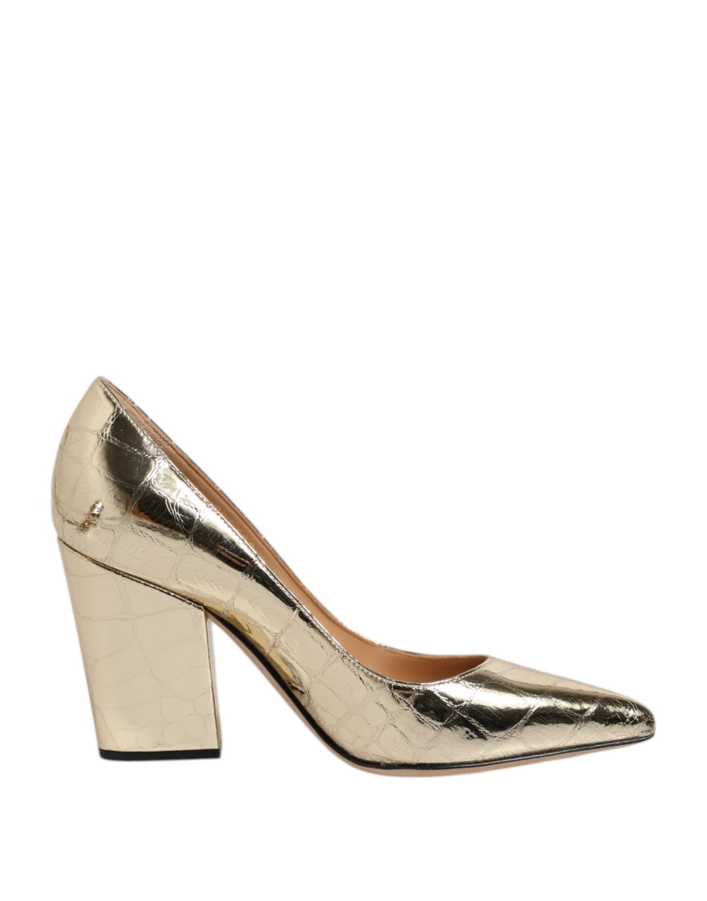 Sergio Rossi Gold Leather Pointed Toe Block Heels Shoes Sergio Rossi