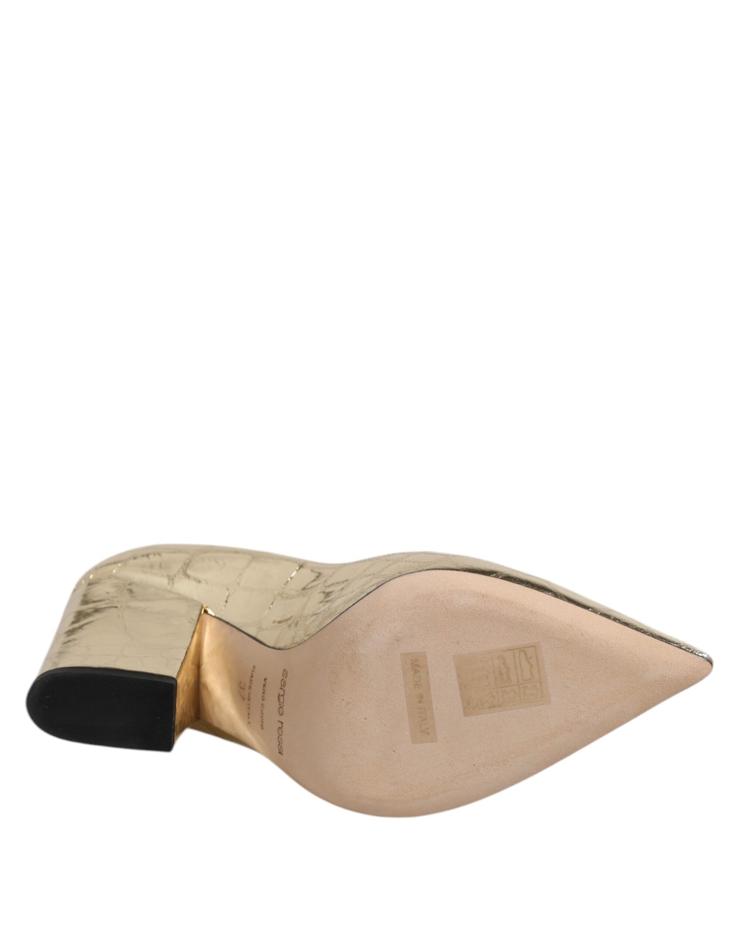 Sergio Rossi Gold Leather Pointed Toe Block Heels Shoes Sergio Rossi