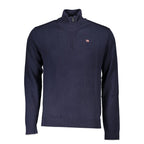 Napapijri men's blue tessuto sweater with a textured knit pattern, featuring a high neckline and ribbed cuffs.