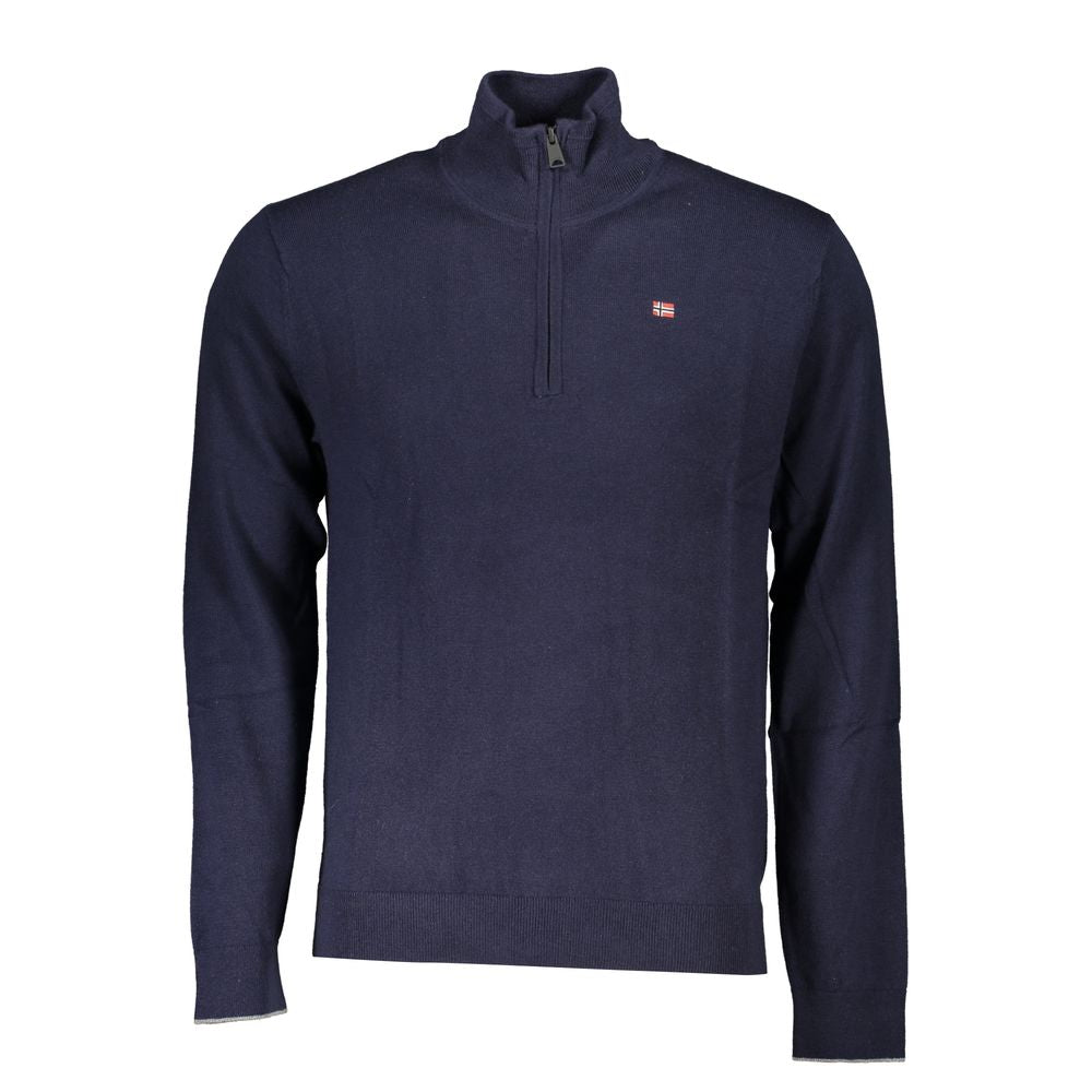 Napapijri men's blue tessuto sweater with a textured knit pattern, featuring a high neckline and ribbed cuffs.