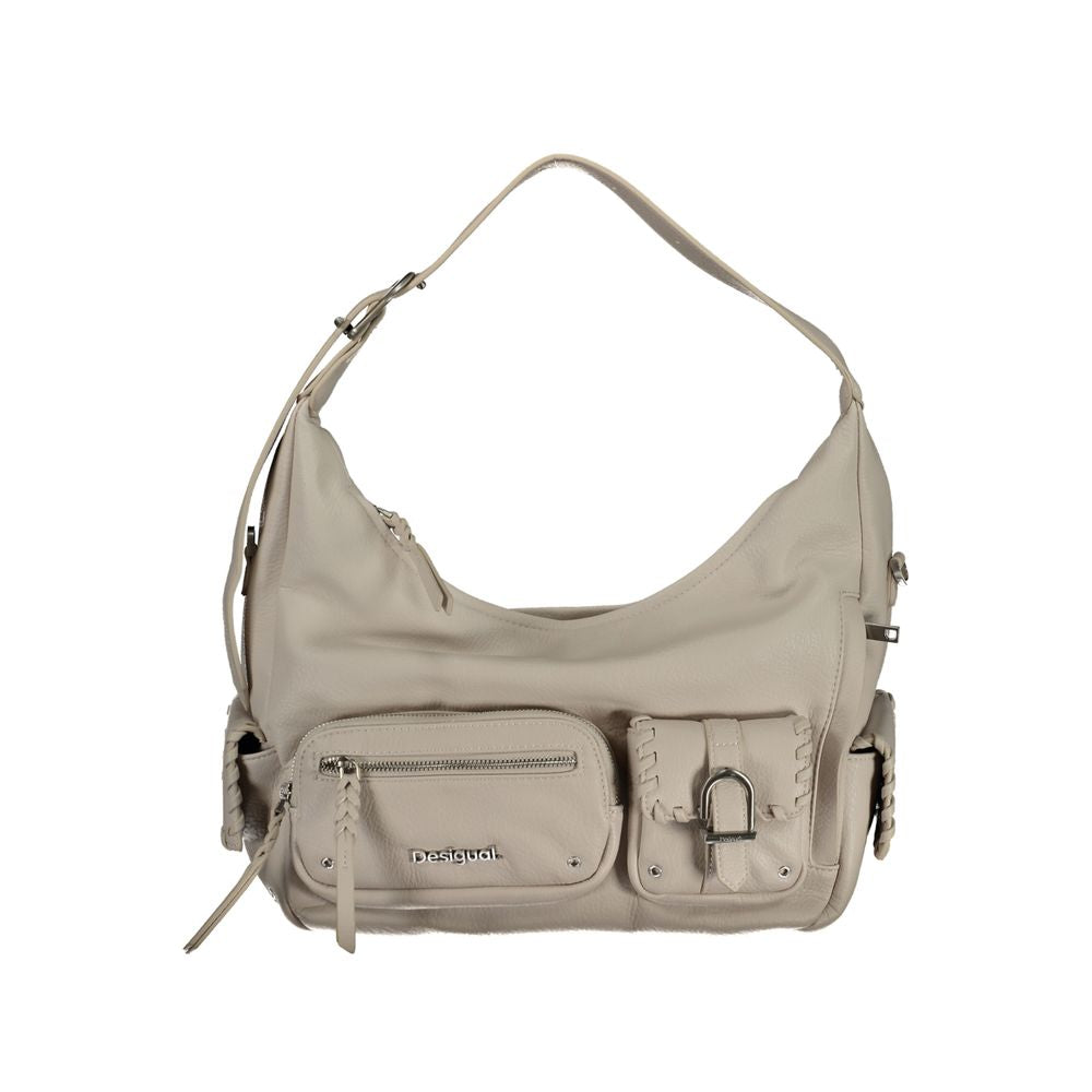 Desigual white polyurethane women's handbag with structured design and top handles, featuring a stylish and modern look.