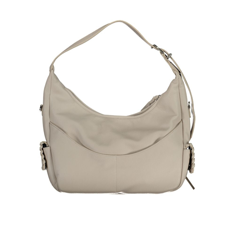 White polyurethane women’s handbag by Desigual with stylish design, featuring handles and textured surface.