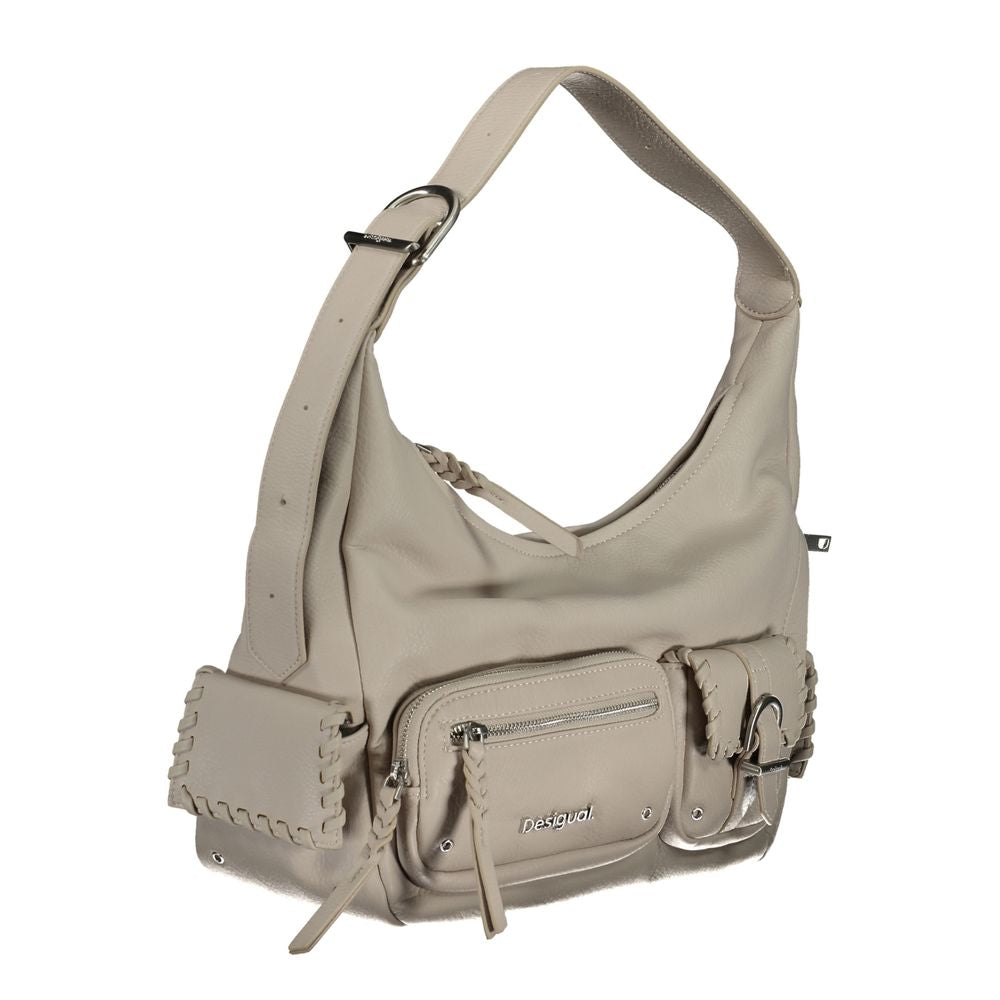 Desigual white polyurethane women's handbag with textured design and silver-tone hardware, featuring a top handle and adjustable strap.
