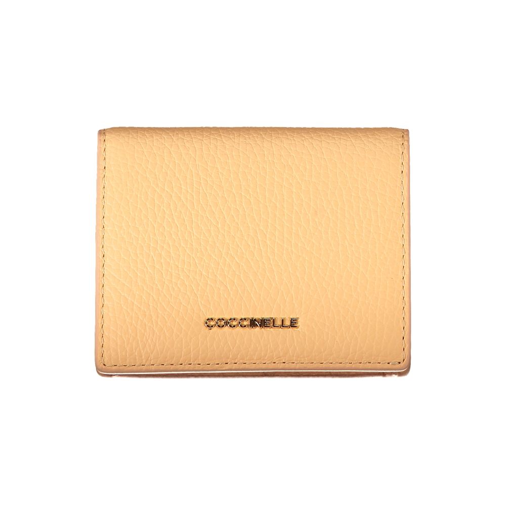 Orange leather Coccinelle women's wallet with multiple card slots and a zip coin compartment.