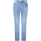 Calvin Klein Blu cotton women's jeans with classic five-pocket design and slim fit, displayed on a hanger.