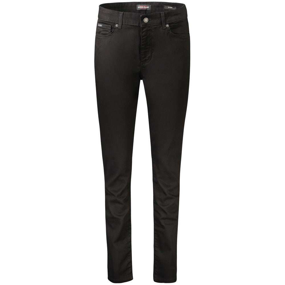 Black cotton women's skinny jeans by Guess Jeans, fitted style with classic five-pocket design and belt loops.