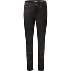 Black cotton women's skinny jeans by Guess Jeans, fitted style with classic five-pocket design and belt loops.