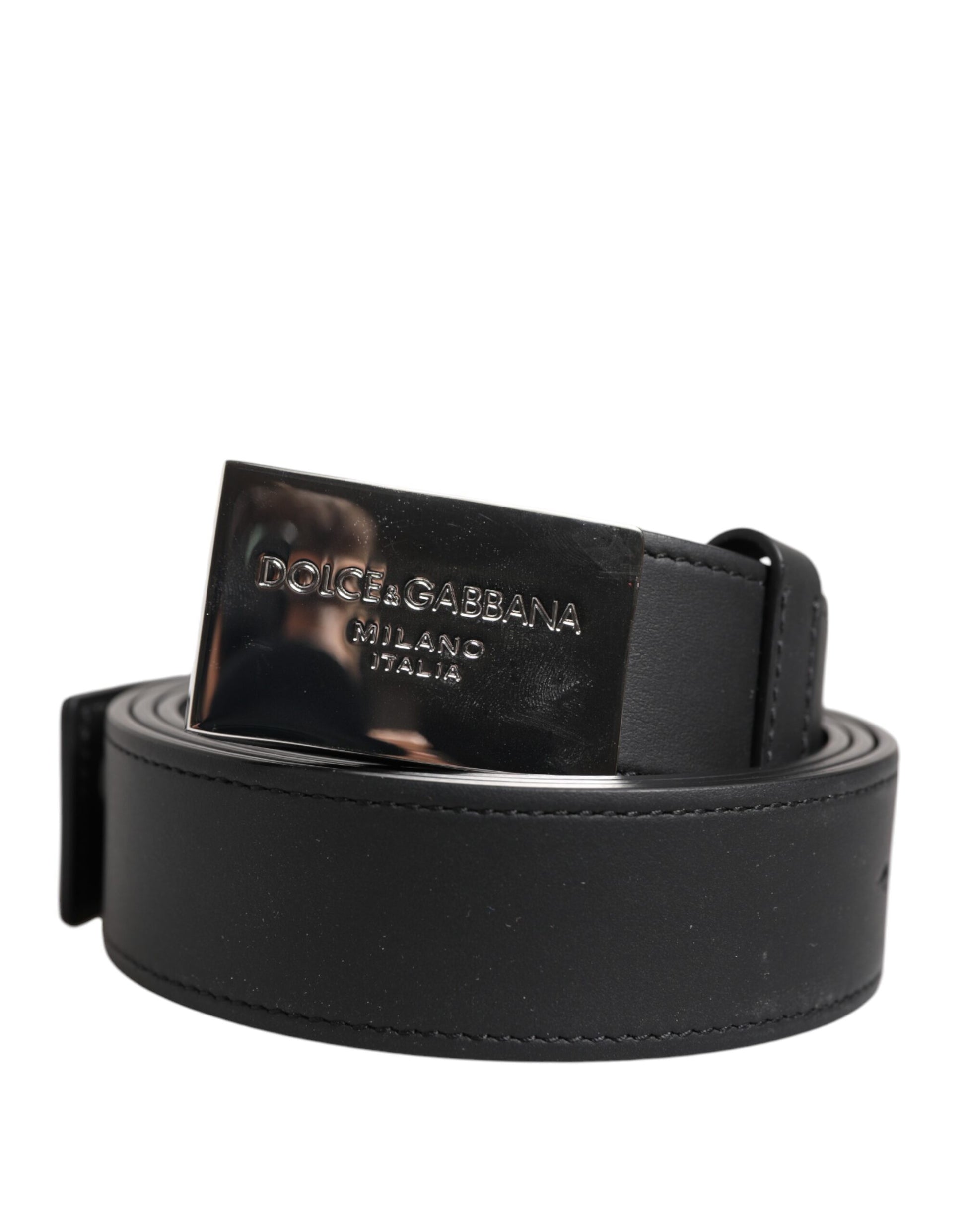 Dolce & Gabbana Black Leather Silver Metal Logo Buckle Belt