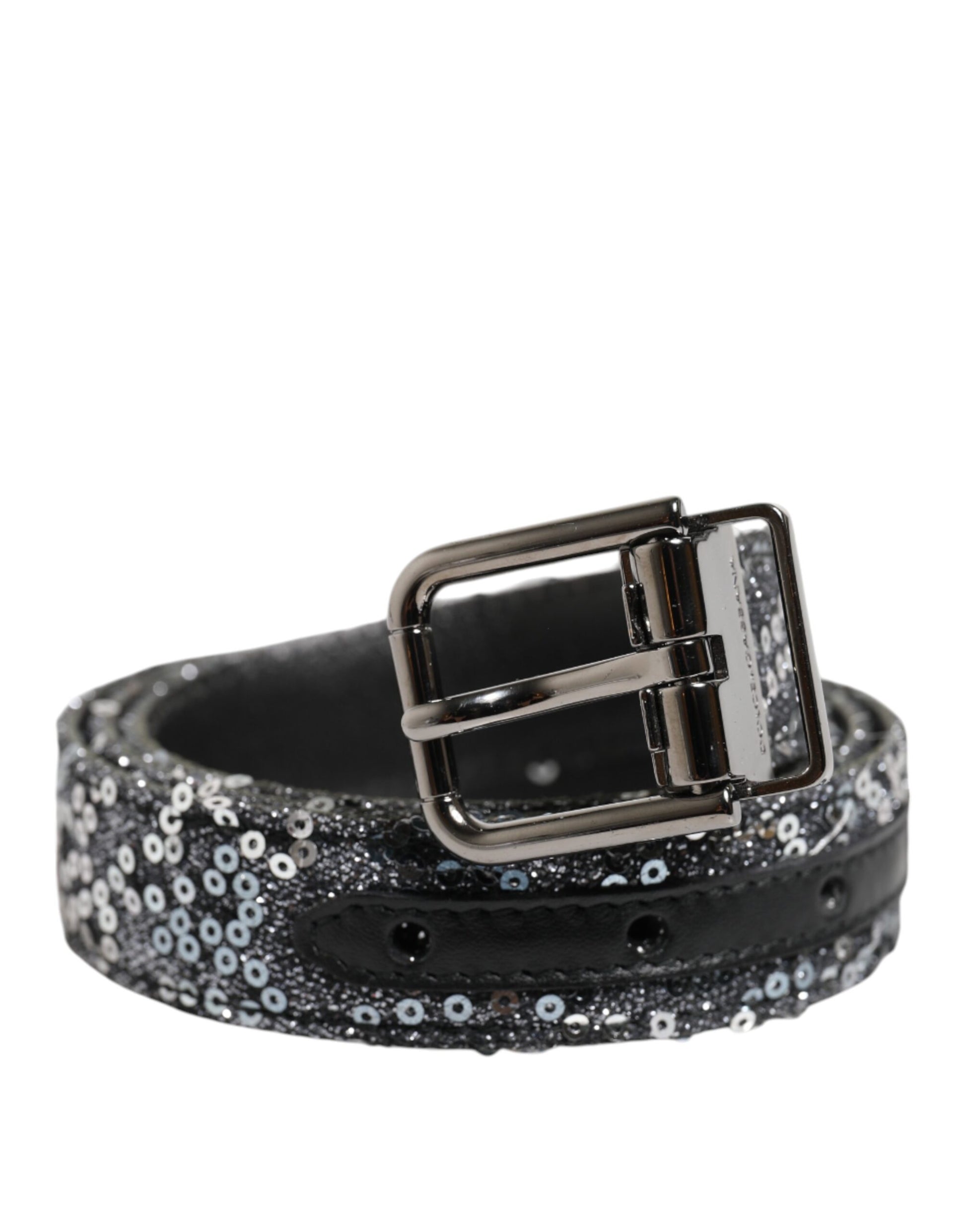 Dolce & Gabbana Black Sequins Silver Metal Logo Buckle Belt Dolce & Gabbana