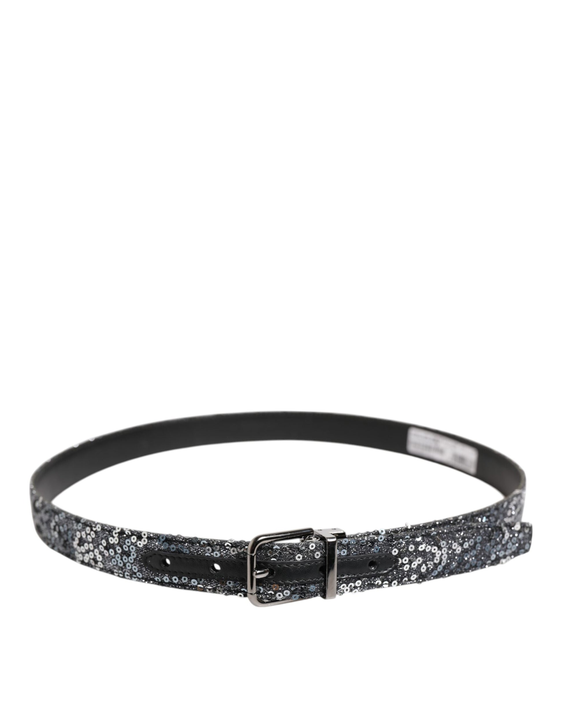 Dolce & Gabbana Black Sequins Silver Metal Logo Buckle Belt Dolce & Gabbana