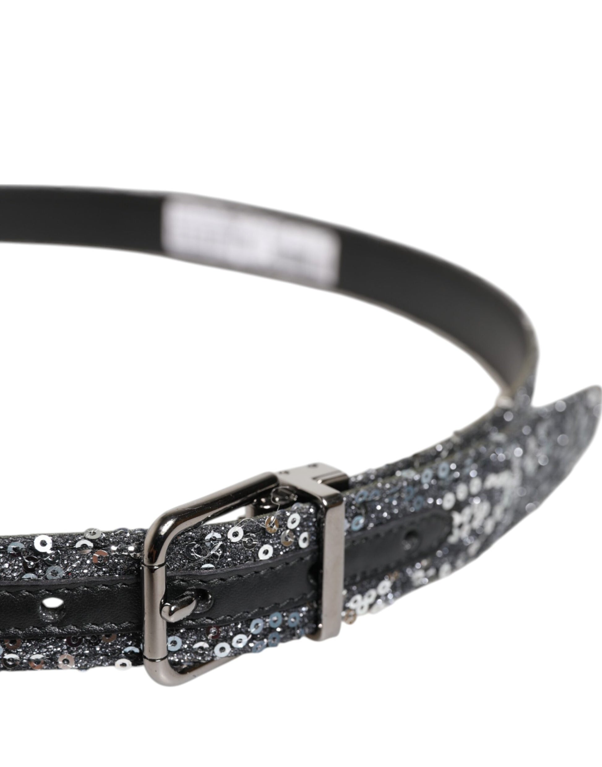 Dolce & Gabbana Black Sequins Silver Metal Logo Buckle Belt Dolce & Gabbana