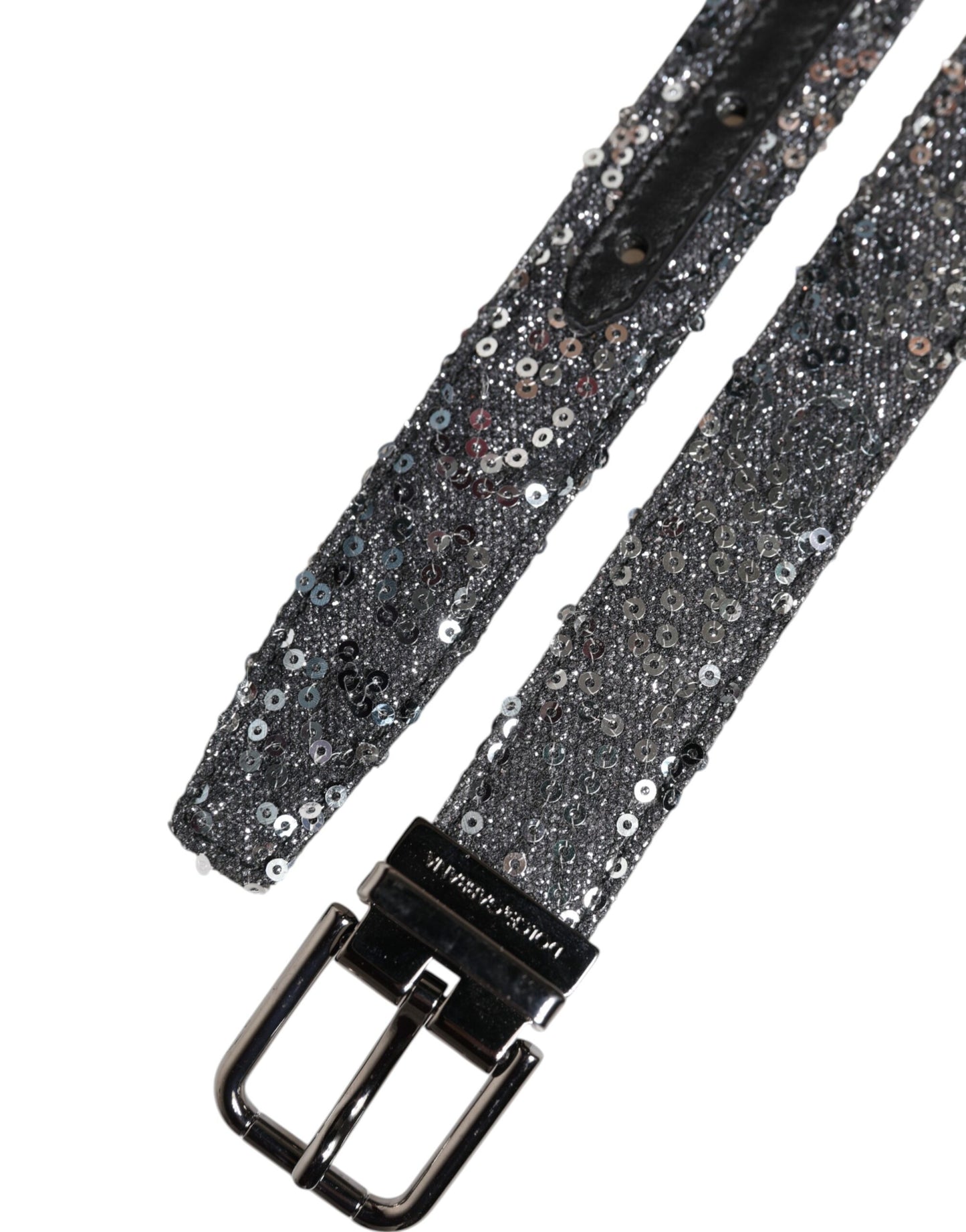 Dolce & Gabbana Black Sequins Silver Metal Logo Buckle Belt Dolce & Gabbana
