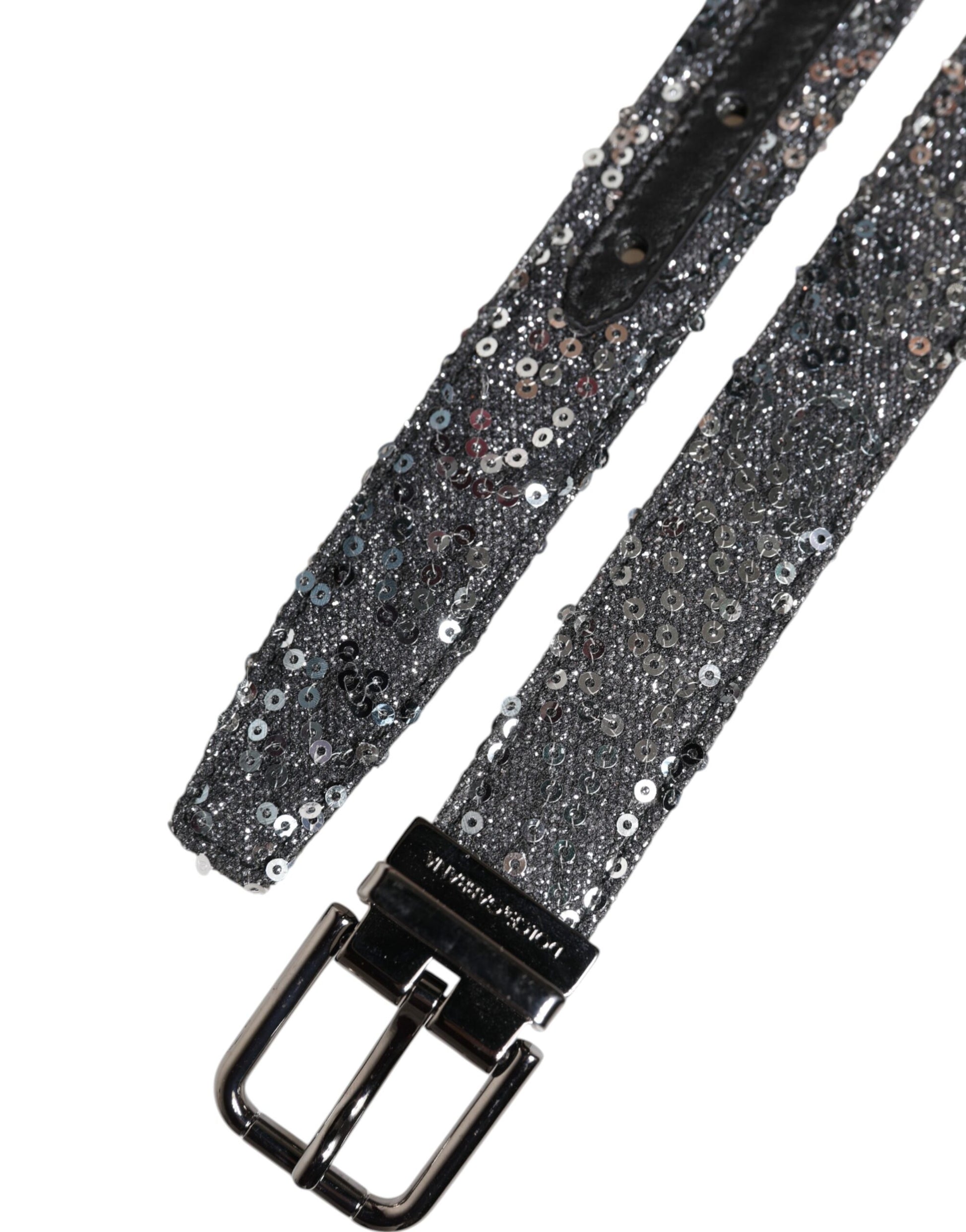 Dolce & Gabbana Black Sequins Silver Metal Logo Buckle Belt Dolce & Gabbana
