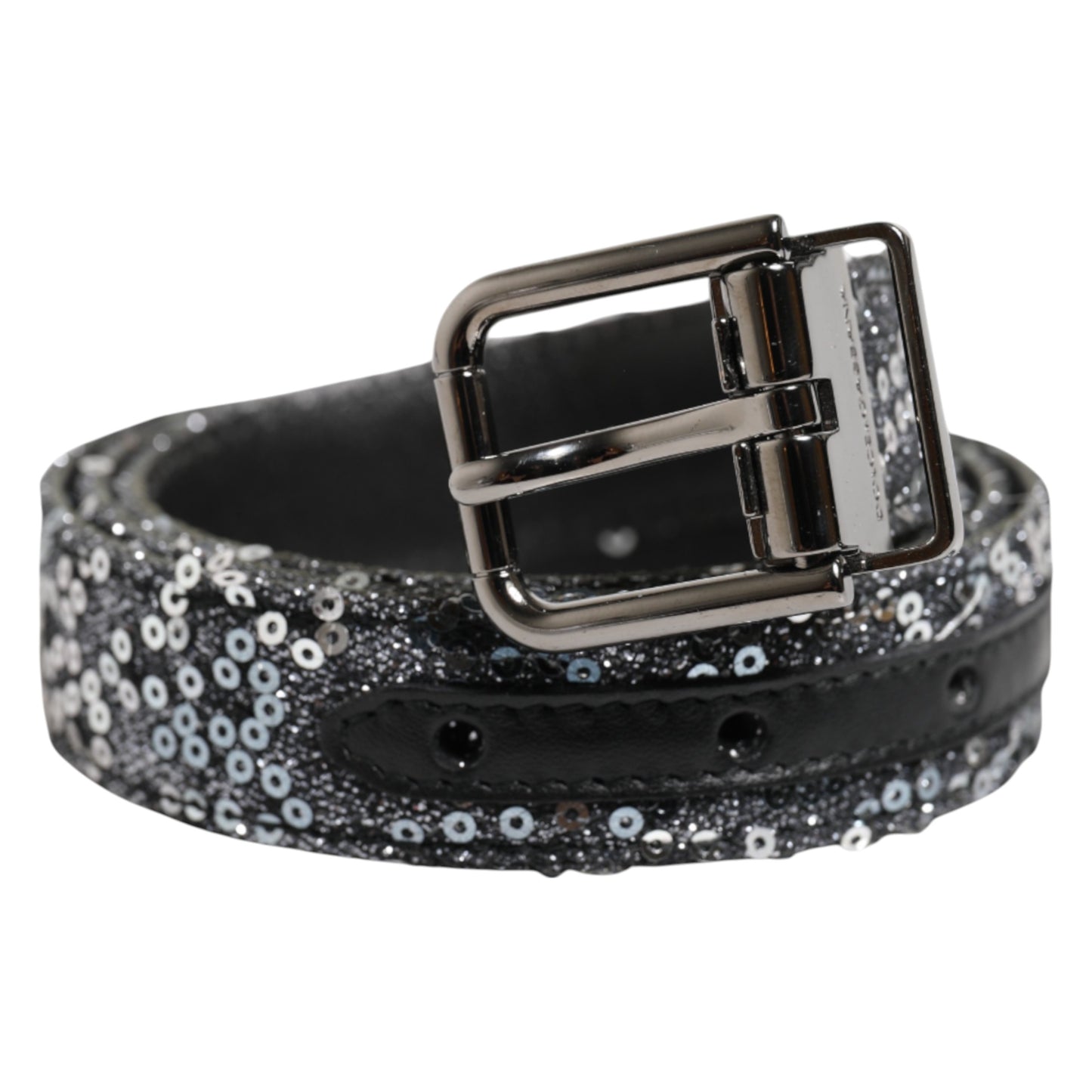Dolce & Gabbana Black Sequins Silver Metal Logo Buckle Belt Dolce & Gabbana