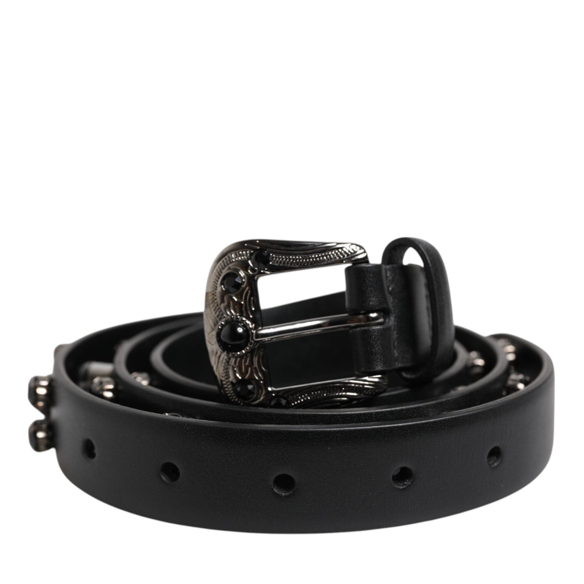 Dolce & Gabbana Black Studded Leather Metal Logo Buckle Belt