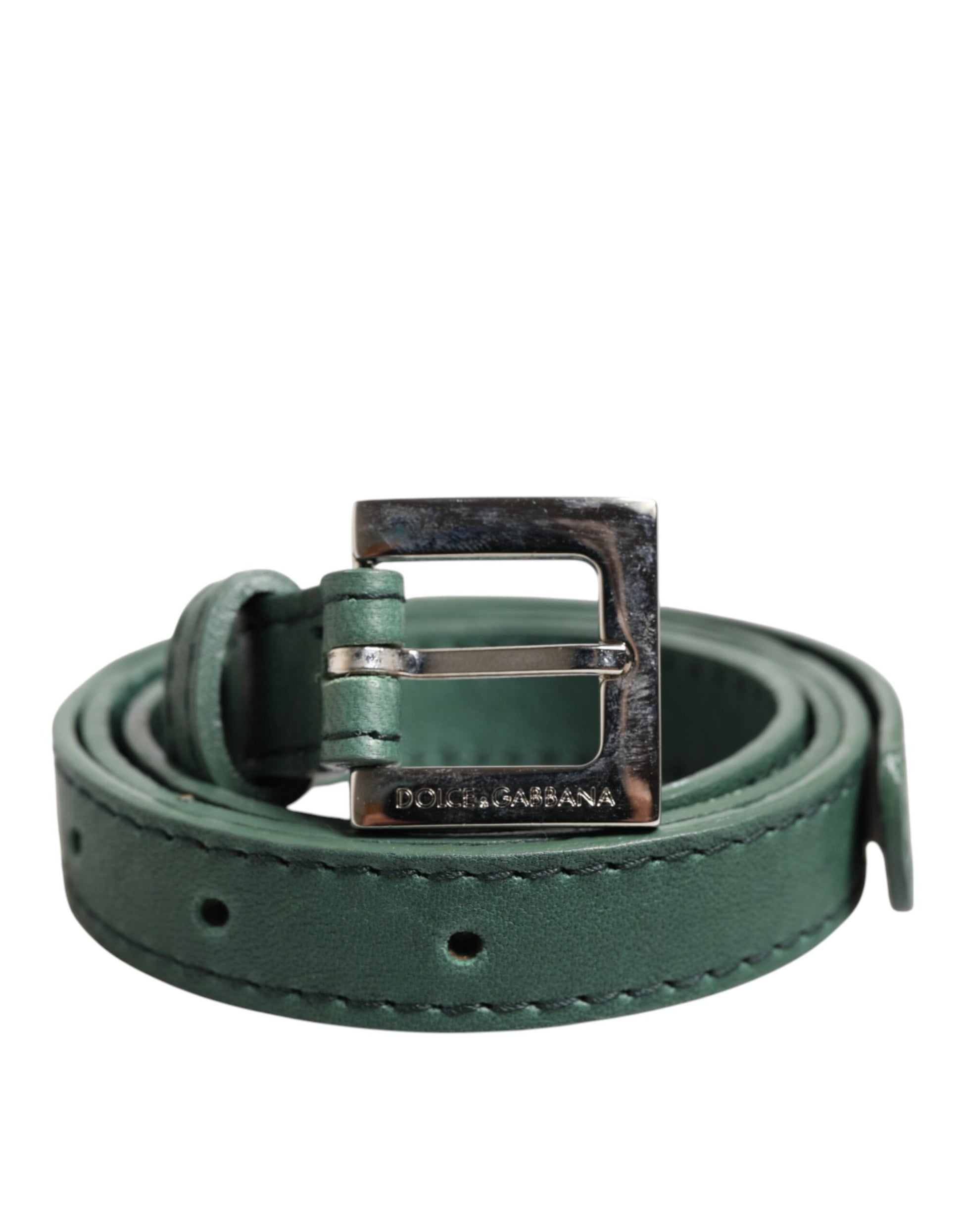 Dolce & Gabbana Dark Green Leather Silver Metal Buckle Belt Dolce & Gabbana