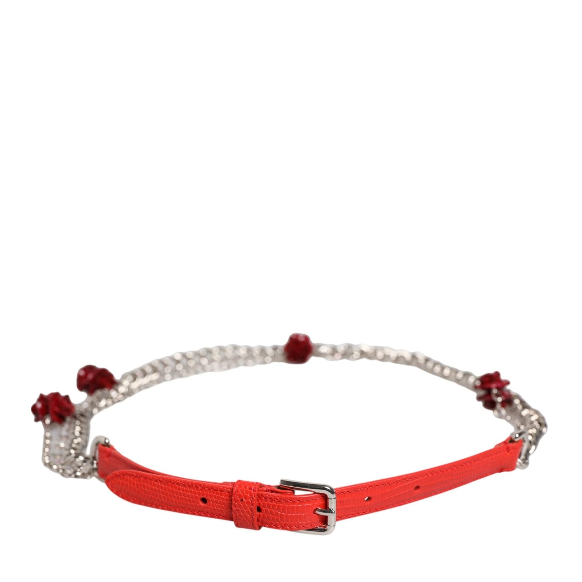 Dolce & Gabbana Red Leather Silver Chain Floral Cintura Belt