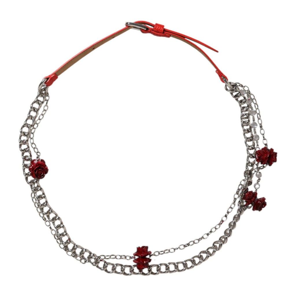 Dolce & Gabbana Red Leather Silver Chain Floral Cintura Belt