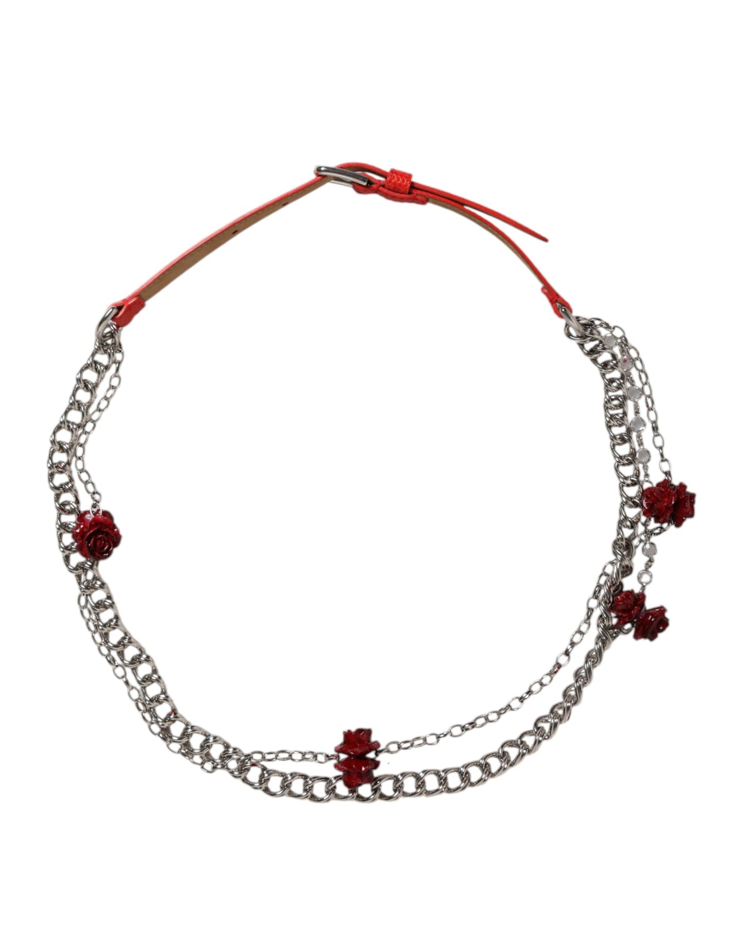 Dolce & Gabbana Red Leather Silver Chain Floral Cintura Belt Dolce & Gabbana