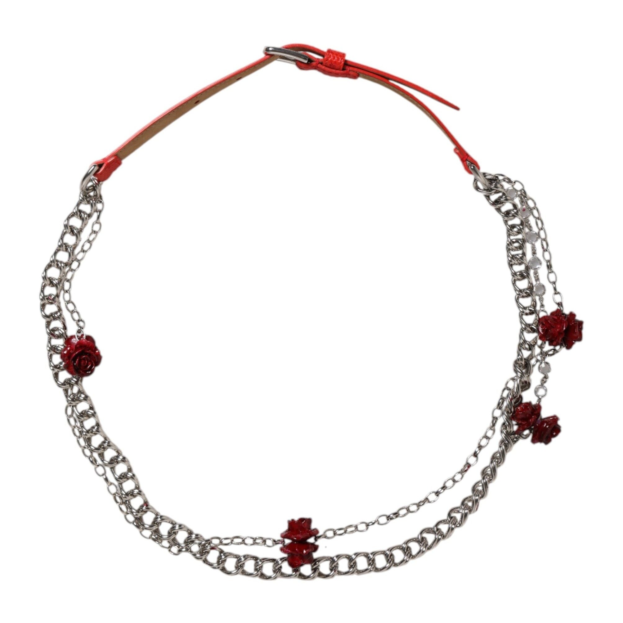 Dolce & Gabbana Red Leather Silver Chain Floral Cintura Belt