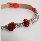 Dolce & Gabbana Red Leather Silver Chain Floral Cintura Belt