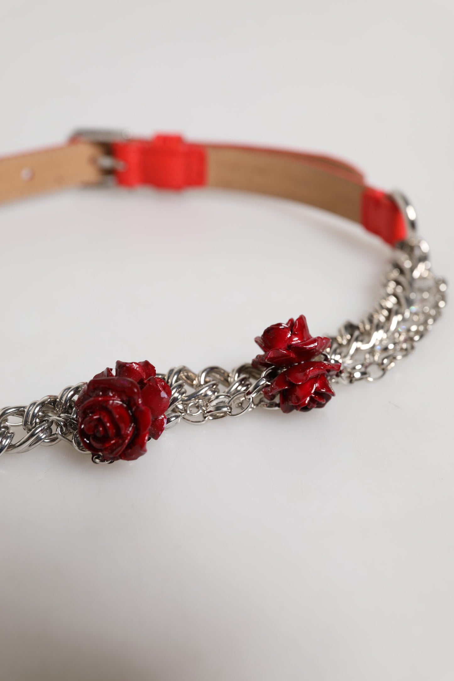 Dolce & Gabbana Red Leather Silver Chain Floral Cintura Belt Dolce & Gabbana