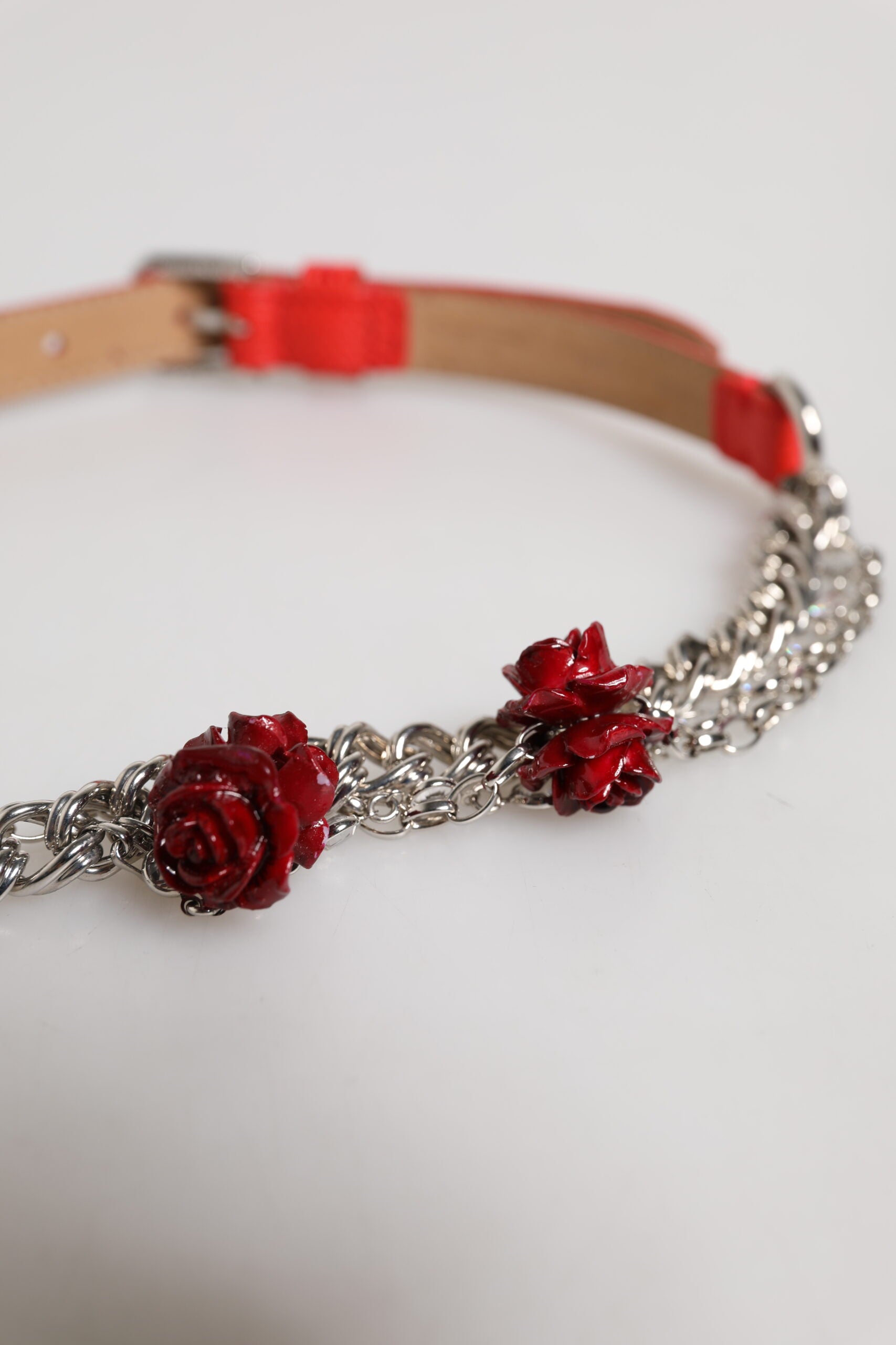 Dolce & Gabbana Red Leather Silver Chain Floral Cintura Belt Dolce & Gabbana