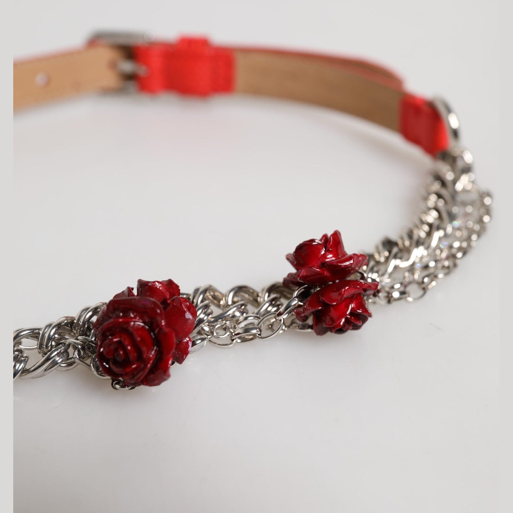 Dolce & Gabbana Red Leather Silver Chain Floral Cintura Belt