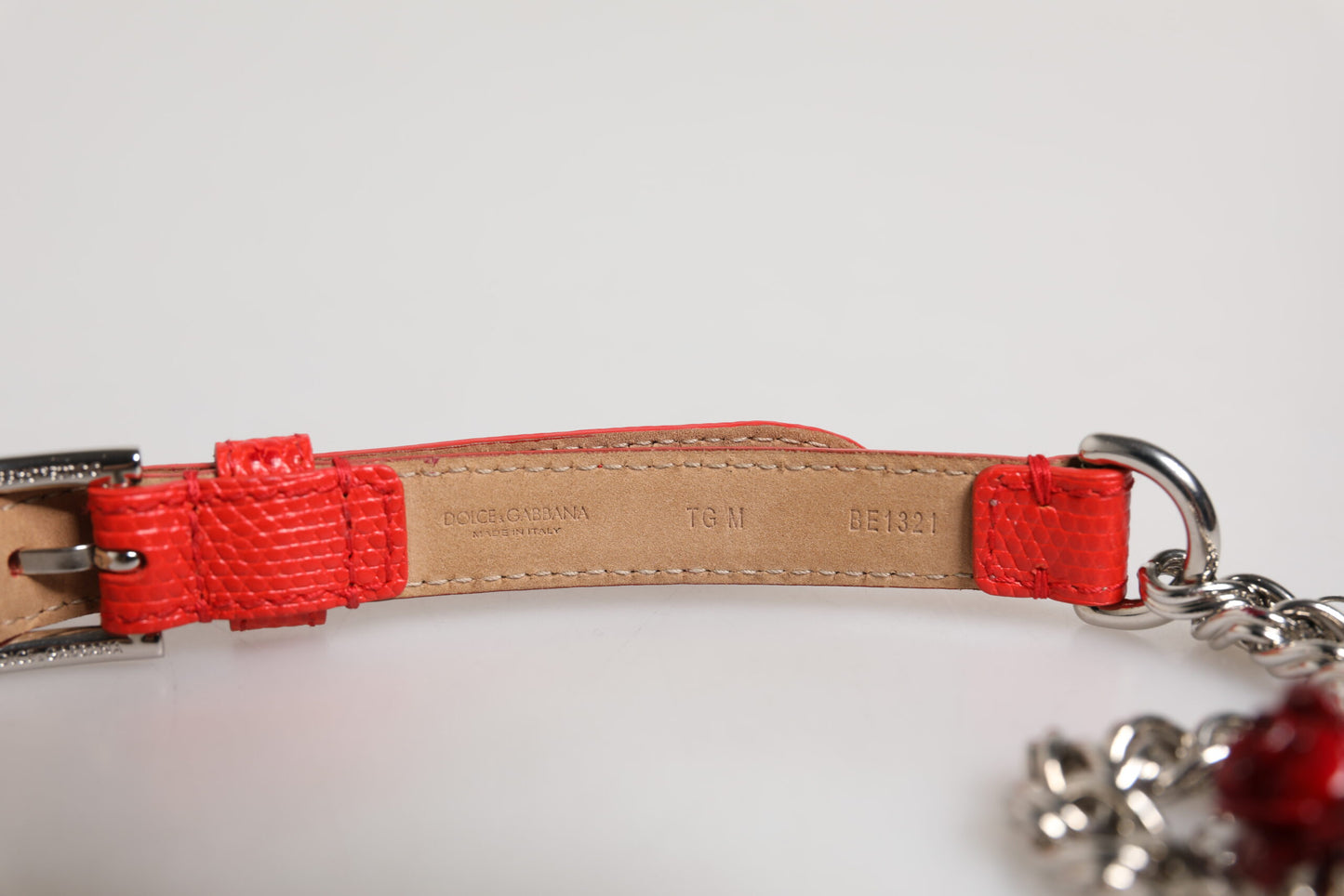 Dolce & Gabbana Red Leather Silver Chain Floral Cintura Belt Dolce & Gabbana