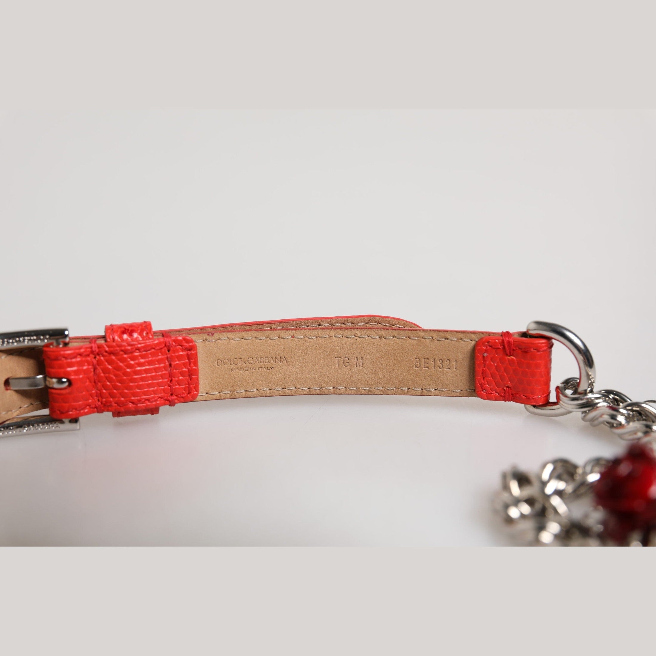 Dolce & Gabbana Red Leather Silver Chain Floral Cintura Belt