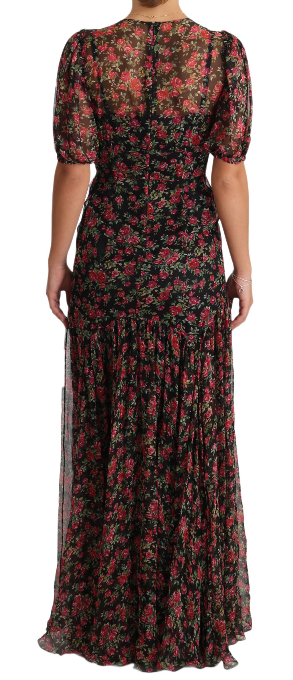 Dolce & Gabbana black floral roses A-line shift gown dress with elegant design and floral pattern, showcased on a mannequin.