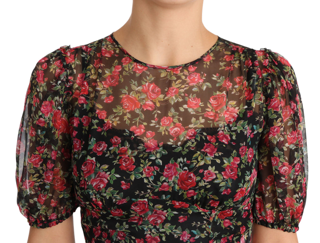 Dolce & Gabbana black floral roses A-line shift gown dress with a fitted waist and elegant floral pattern.