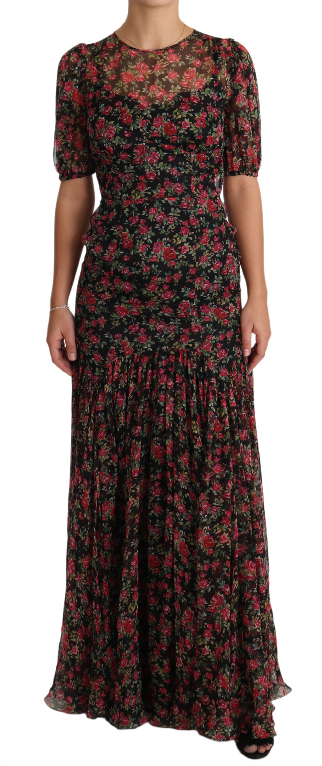 Dolce & Gabbana black floral roses A-line shift gown dress with elegant floral pattern and classic silhouette.