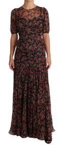 Dolce & Gabbana black floral roses A-line shift gown dress with elegant floral pattern and classic silhouette.