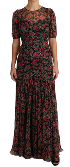 Dolce & Gabbana black floral roses A-line shift gown dress with elegant floral pattern and classic silhouette.