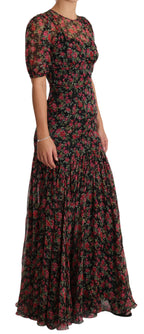 Black floral roses Dolce & Gabbana A-line shift gown dress with a fitted bodice and flowing skirt, elegant evening wear.