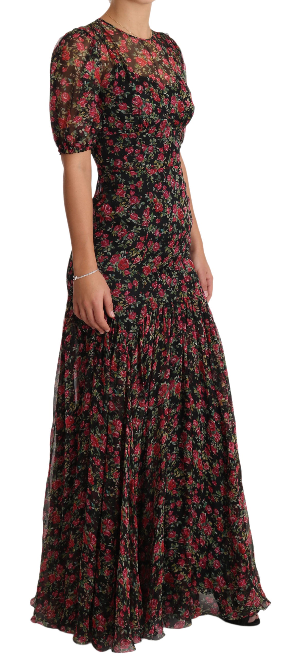 Black floral roses Dolce & Gabbana A-line shift gown dress with a fitted bodice and flowing skirt, elegant evening wear.