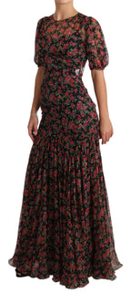 Black floral roses Dolce & Gabbana A-line shift gown dress with a fitted waist and elegant floral pattern.