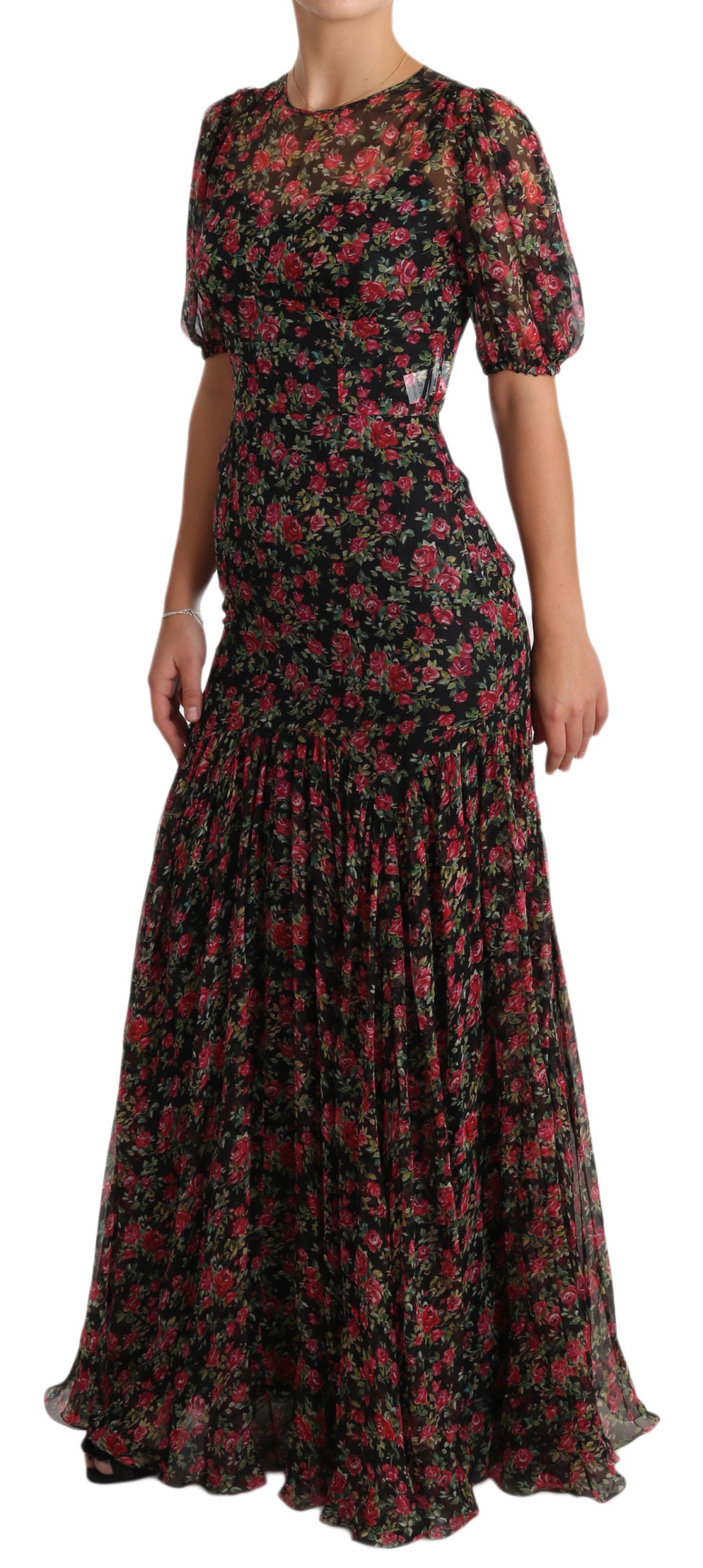 Black floral roses Dolce & Gabbana A-line shift gown dress with a fitted waist and elegant floral pattern.