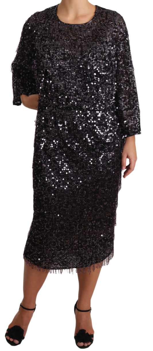 Dolce & Gabbana Black Sequined Long Sleeve Shift Midi Dress Dolce & Gabbana