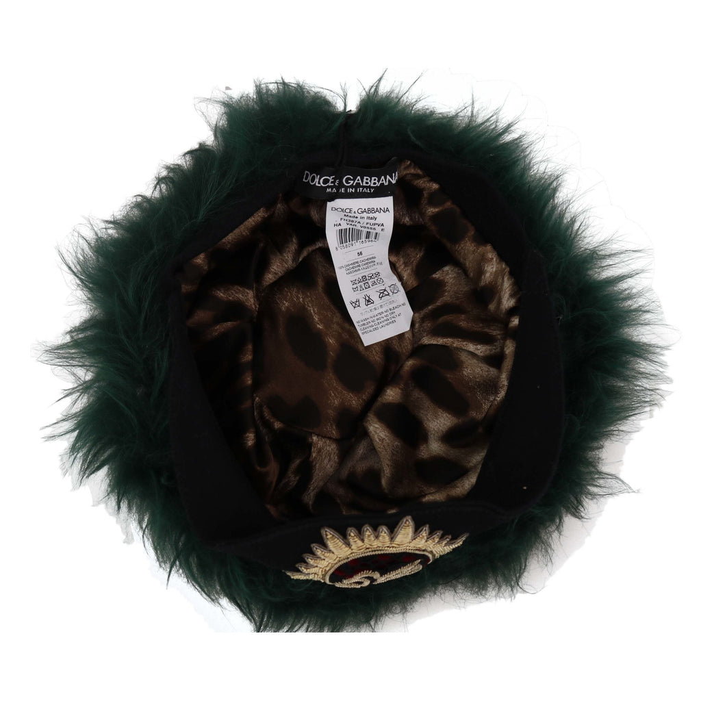 Dolce & Gabbana Green Fur DG Logo Embroidered Cloche Hat