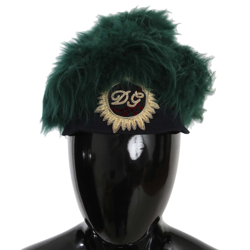 Dolce & Gabbana Green Fur DG Logo Embroidered Cloche Hat
