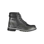 Fila black polyurethane women’s ankle boots with a sleek design and sturdy sole, perfect for stylish casual wear.