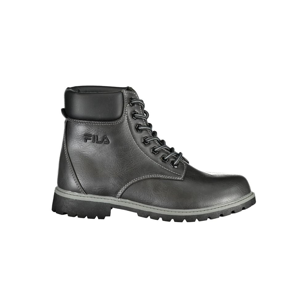 Fila black polyurethane women’s ankle boots with a sleek design and sturdy sole, perfect for stylish casual wear.