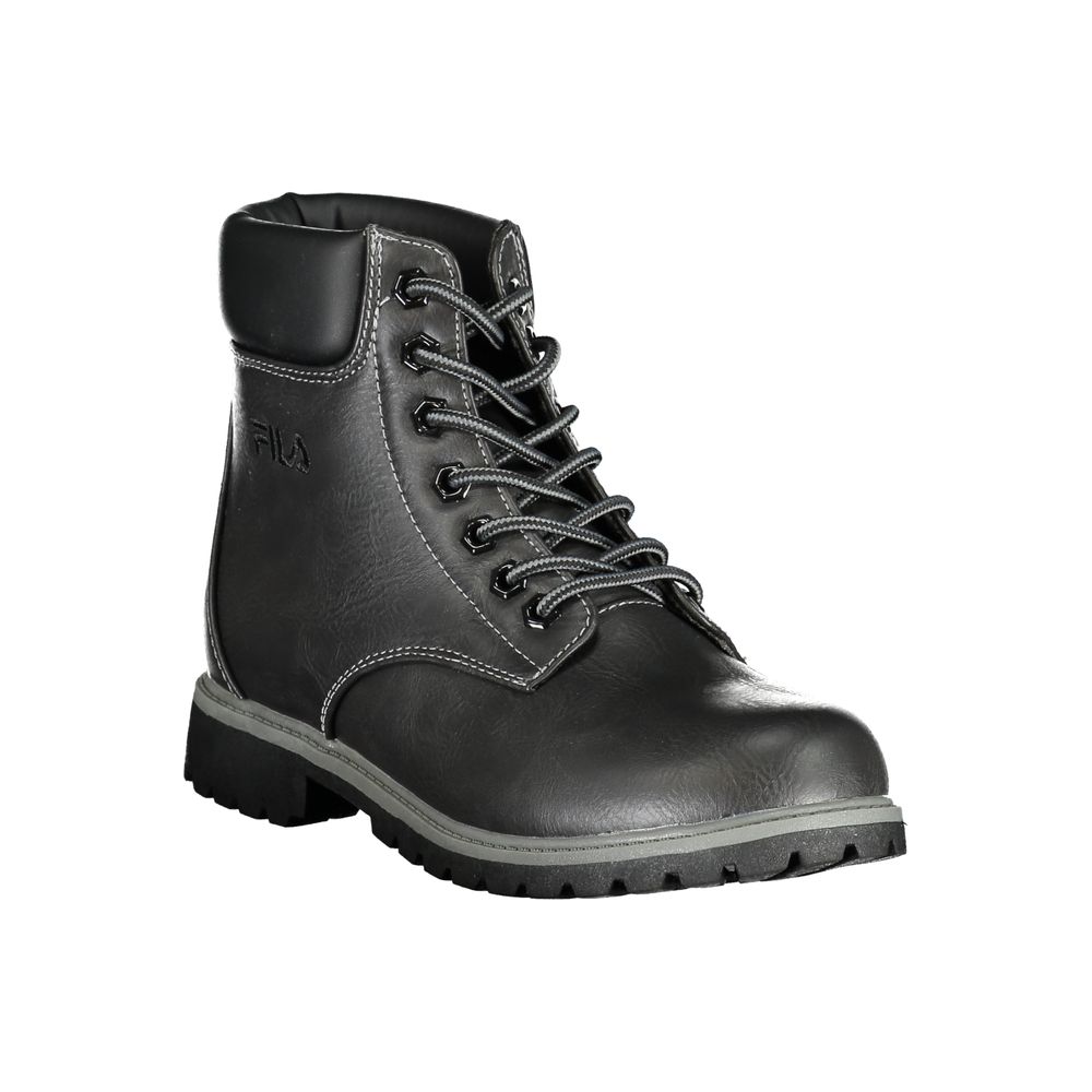 Fila black polyurethane women's ankle boots with a sleek design and sturdy sole, perfect for casual or stylish wear.
