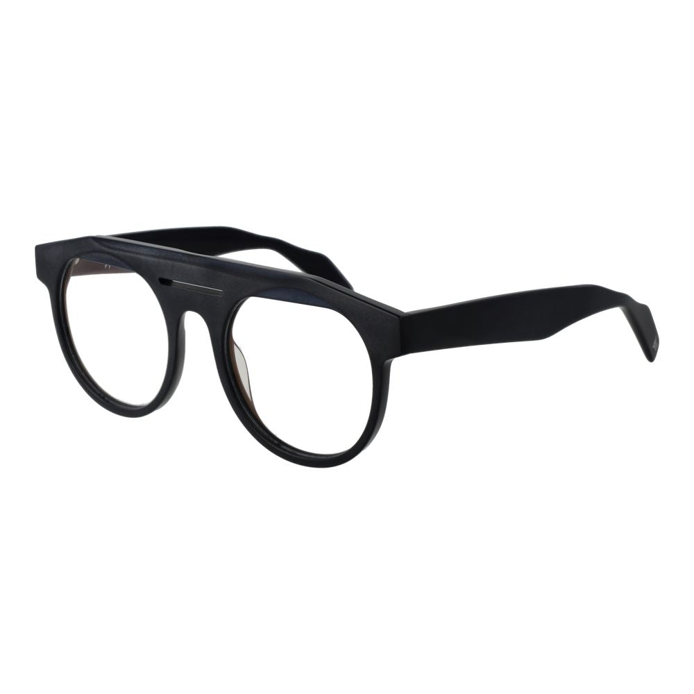 Yohji Yamamoto black plastic eyeglass frames with sleek, modern design and clear lenses on a white background.