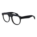 Yohji Yamamoto black plastic eyeglass frames with sleek, modern design and clear lenses on a white background.
